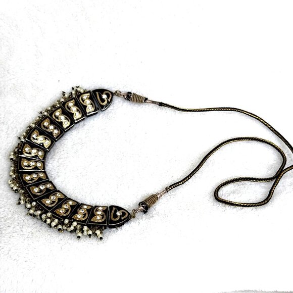 Ethnic-Inspired Black/Gold Beaded Necklace W/Intricate Detailing & Adjust. Cord - Picture 4 of 4